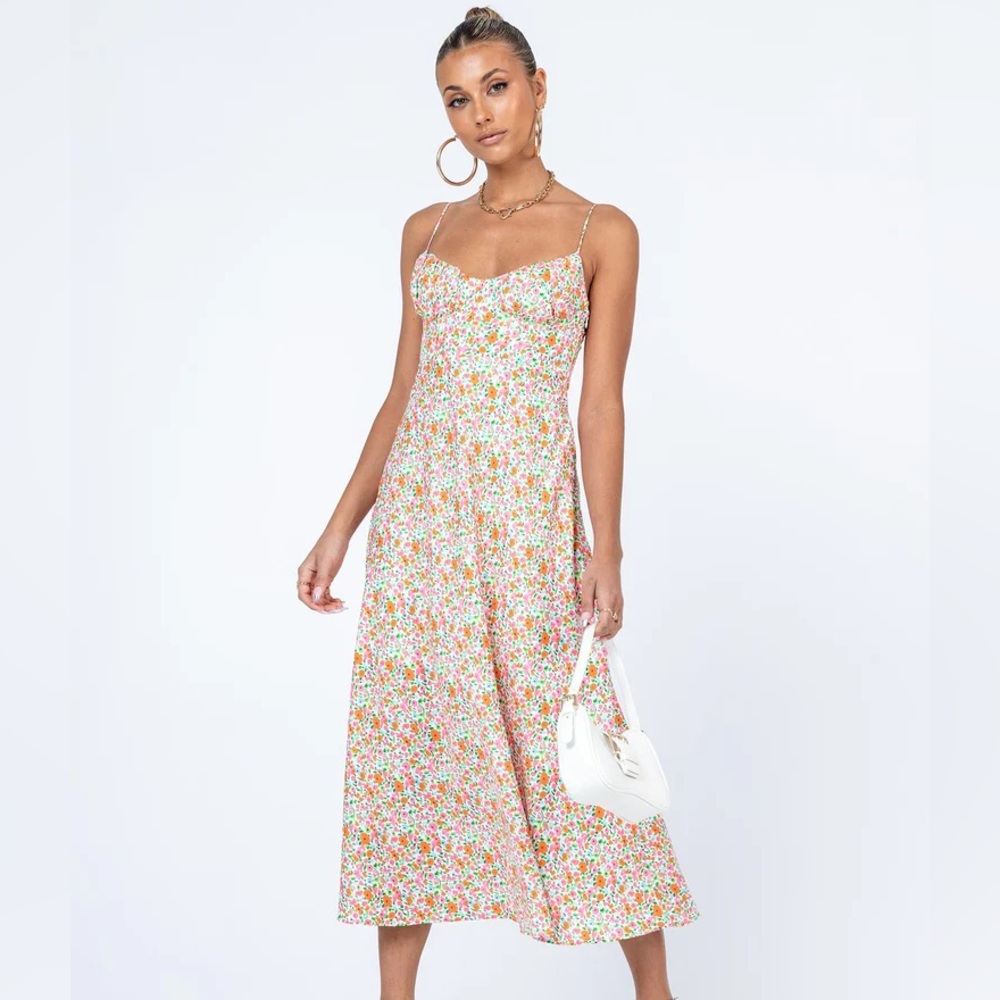 Princess Polly Floral Midi Dress in White, Pink, Orange, Green